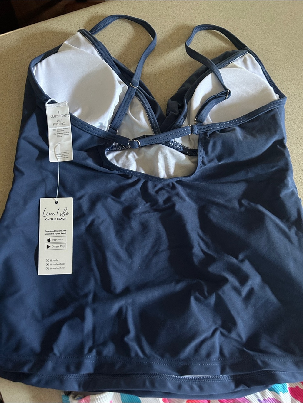 Cupshe Slate Blue Tankini with Multicolor Leopard Ruched Swim Bottoms - Picture 3 of 6